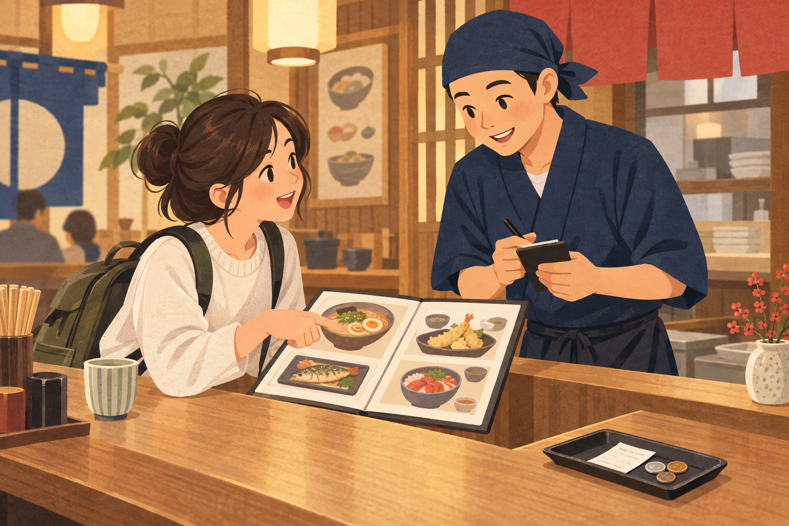 일본 식당에서 여행자가 메뉴를 가리키며 직원에게 주문하는 설명용 일러스트