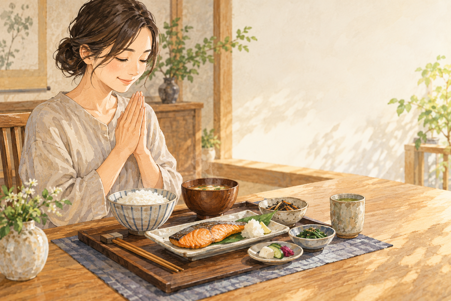 일본식 한 상 앞에서 두 손을 모아 이타다키마스 인사를 하는 사람의 일러스트