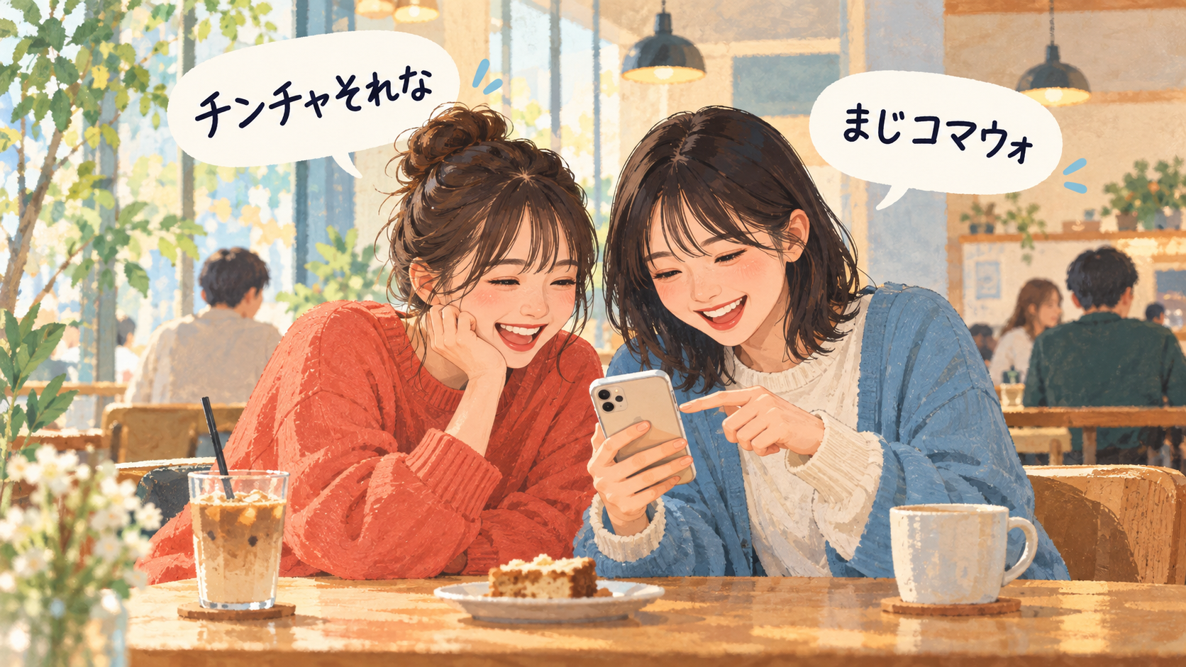 카페에서 휴대전화를 함께 보는 두 친구와 ‘チンチャそれな’, ‘まじコマウォ’ 말풍선을 그린 AI 생성 일러스트