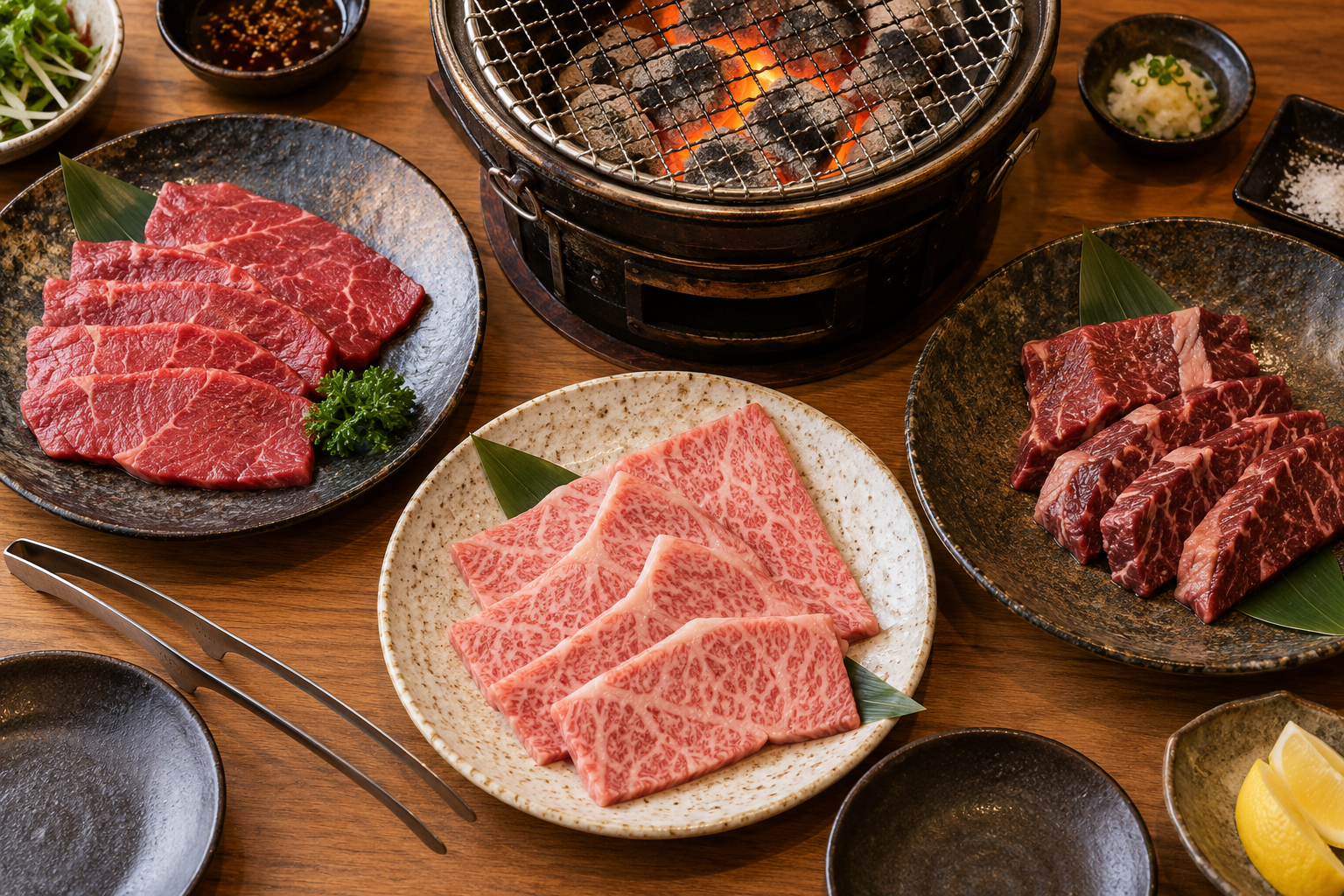 일본 야키니쿠 식탁에 살코기, 마블링이 많은 고기, 두툼한 붉은 고기를 서로 다른 접시에 담아 비교한 AI 생성 사진