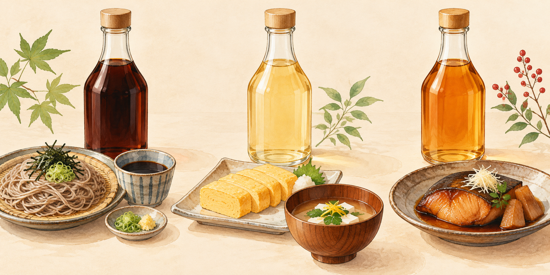 짙은 쯔유와 소바, 옅은 시라다시와 달걀말이·국, 호박색 미림과 생선 조림을 나란히 그린 일러스트